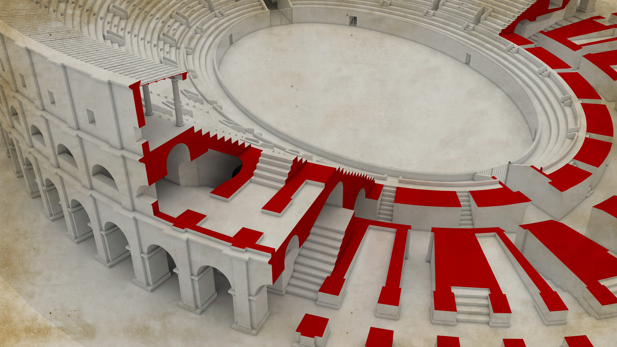 Anfiteatro di Lecce. Ricostruzione 3D dell’edificio con sezioni che evidenziano il sistema di collegamento tramite scale del portico sommitale e degli ambulacri superiore e inferiore